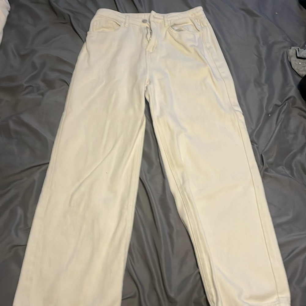 Cream, straight legged jeans